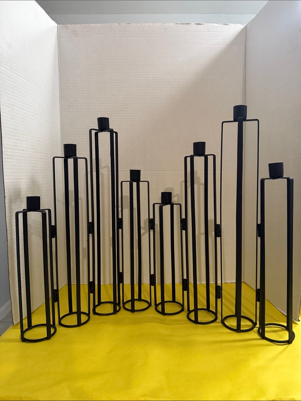 Modern Black Metal Candle Holder Set - Tall Geometric Design